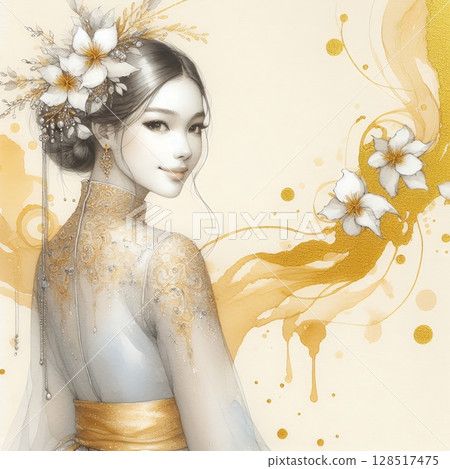 Graceful Silhouette of a indonesia Woman in Traditional Kebaya Dress with Generative AI. 128517475