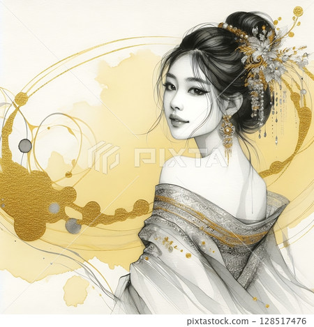 Thailand girl wearing traditional clothes in splash ink painting with Generative AI. 128517476