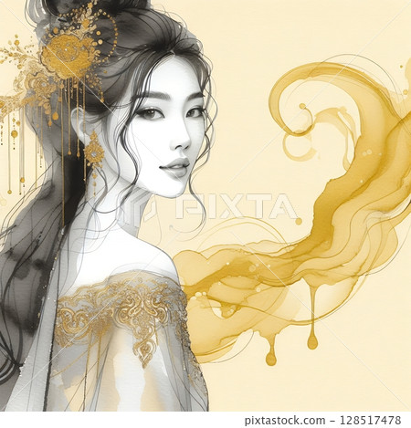Thailand girl wearing traditional clothes in splash ink painting with Generative AI. 128517478