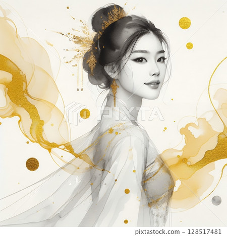Thailand girl wearing traditional clothes in splash ink painting with Generative AI. 128517481