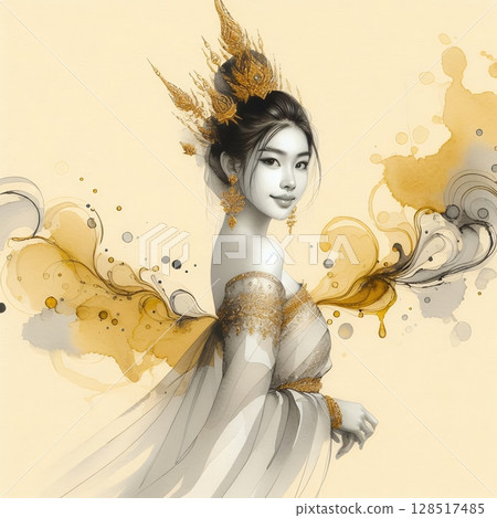 Thailand girl wearing traditional clothes in splash ink painting with Generative AI. 128517485
