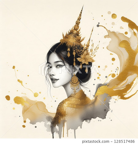 Thailand girl wearing traditional clothes in splash ink painting with Generative AI. 128517486