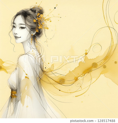 Thailand girl wearing traditional clothes in splash ink painting with Generative AI. 128517488