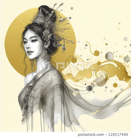 Thailand girl wearing traditional clothes in splash ink painting with Generative AI. Thailand girl wearing traditional clothes in splash ink painting with Generative AI. 128517489