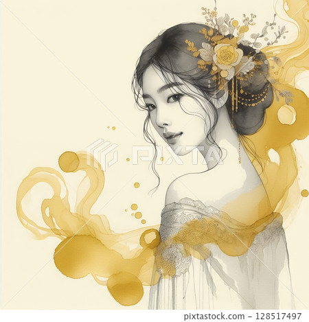 Thailand girl wearing traditional clothes in splash ink painting with Generative AI. 128517497