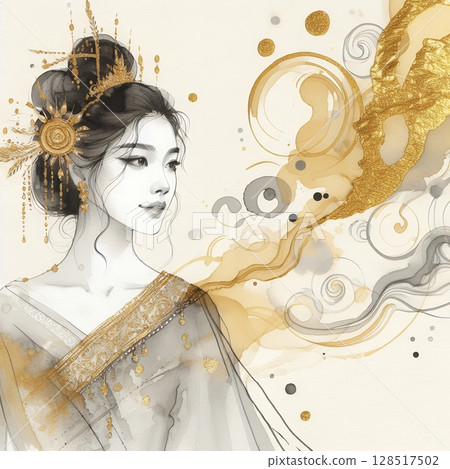 Thailand girl wearing traditional clothes in splash ink painting with Generative AI. 128517502