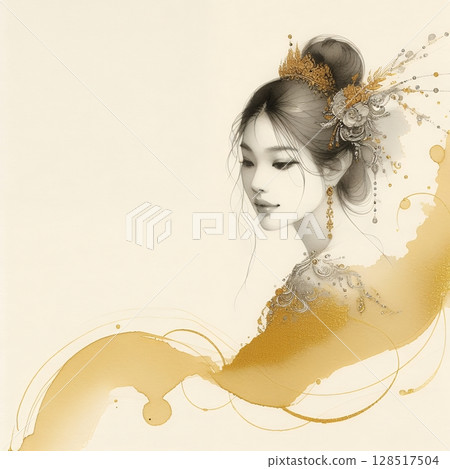 Thailand girl wearing traditional clothes in splash ink painting with Generative AI. 128517504