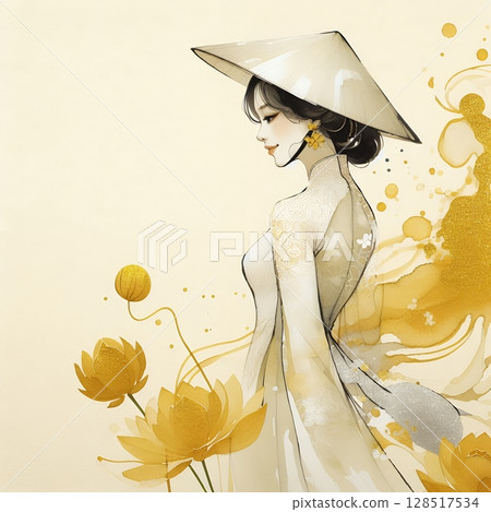 Vietnamese beauty elegant Figure with Elegant Watercolor and Gold Ink Floral Portrait with Generative AI. 128517534