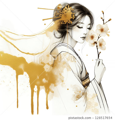 Elegant Japanese Woman in Kimono with Traditional Ink and Gold Floral Art Illustration with Generative AI. 128517654