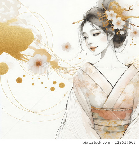 Elegant Japanese Woman in Kimono with Traditional Ink and Gold Floral Art Illustration with Generative AI. Elegant Japanese Woman in Kimono with Traditional Ink and Gold Floral Art Illustration with Generative AI. 128517665