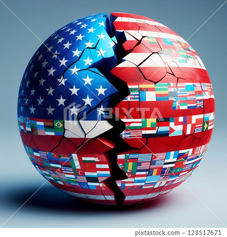 Cracked Relations for USA and worldwide with tariff on a Divided Sphere Symbolizing Geopolitical Tension with Generative AI. 128517671