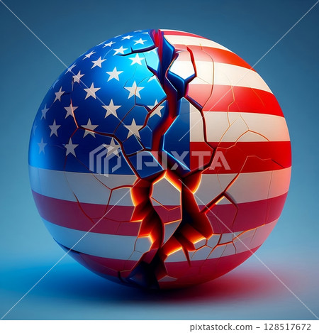 Cracked Relations for USA and worldwide with tariff on a Divided Sphere Symbolizing Geopolitical Tension with Generative AI. 128517672