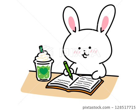 A cute rabbit studying in a cafe A cute rabbit studying in a cafe 128517715