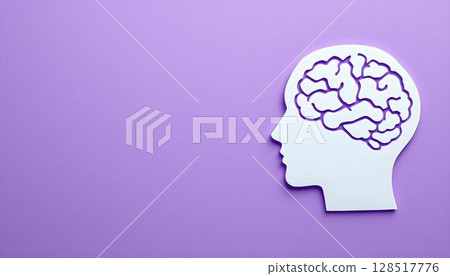 A white paper cutout of a human head stands out against a purple background, highlighting mental health and self-care themes 128517776