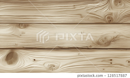 Close up of smooth, light colored wooden planks with natural grain patterns and knots, showcasing seamless flat surface ideal for flooring or furniture design 128517887