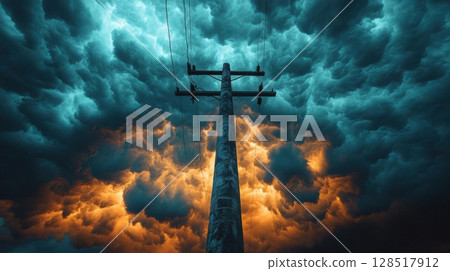 High voltage electricity pole with dramatic sky background. 3d illustration. 128517912