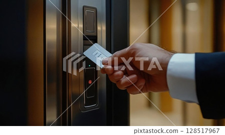 Close-up of a man's hand scan the room button. 128517967