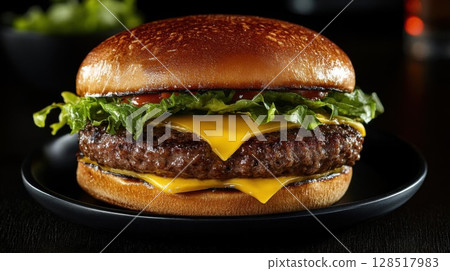 Cheeseburger on black plate on black background, closeup. 128517983