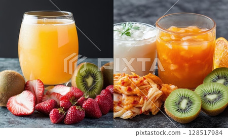 Fruit smoothies with strawberry, kiwi, orange and yogurt in a glass. 128517984