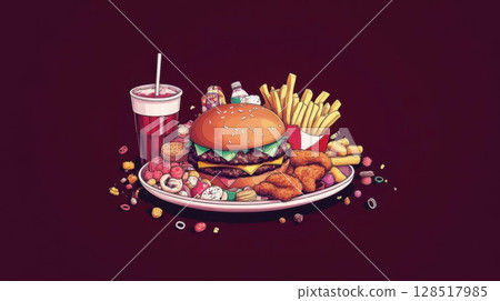 Illustration of a hamburger, french fries, cola and snacks. Fast food banner. 128517985