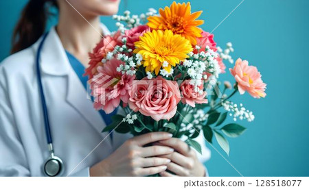 Doctor holding flowers in a hospital, celebrating National Nurses Day, highlighting the importance of healthcare workers 128518077