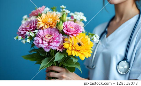 A female doctor with a bouquet of flowers in a hospital, honoring National Nurses Day and the healthcare profession 128518078