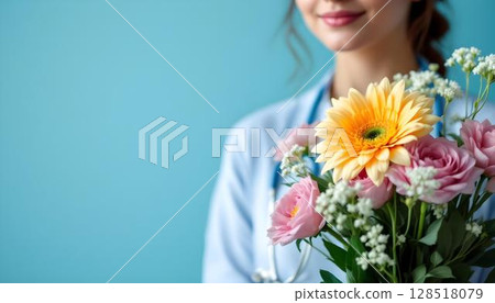 Female doctor in a hospital holding a bouquet of flowers, celebrating National Nurses Day in a healthcare setting 128518079