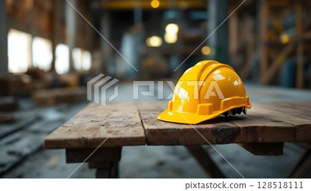 A hard hat sits on a wooden table in a factory, with an empty background celebrating Labour Day 128518111