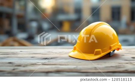 A hard hat placed on a wooden table in a factory setting, representing Labour Day with an empty background A hard hat placed on a wooden table in a factory setting, representing Labour Day with an empty background 128518113