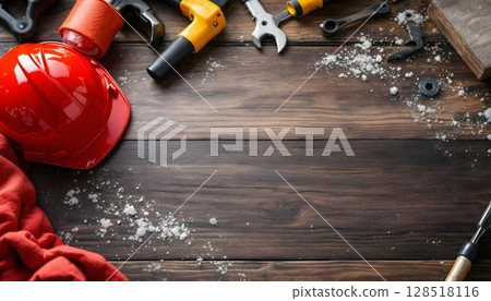 A wooden table holds construction tools, with a background that reflects the spirit of Labour Day 128518116