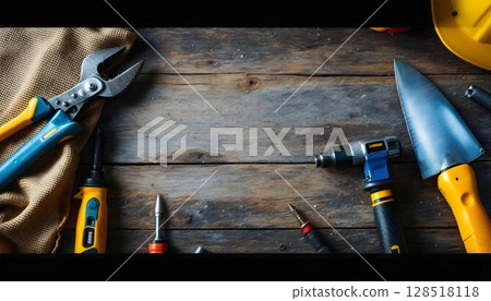 A wooden table featuring various construction tools, with a festive Labour Day background 128518118