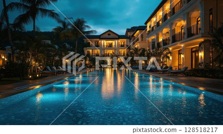 Swimming pool in luxury hotel resort at night. Luxury travel and vacation concept. 128518217