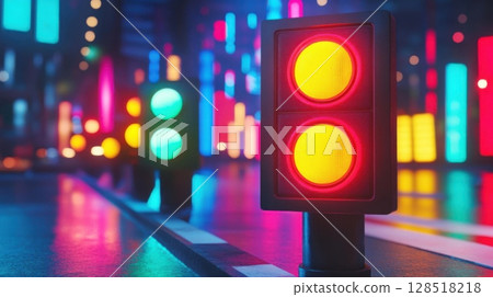 Traffic light on the road at night with bokeh background. 128518218