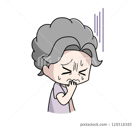 Illustration of an elderly woman suffering from nausea 128518385