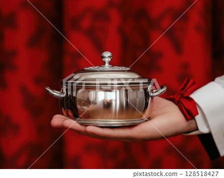 cooking pot with a lid in the hands of a woman on a red background. 128518427