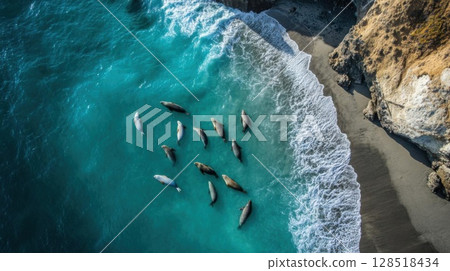 Aerial drone view of a group of seals in the ocean. 128518434
