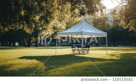 White tent on a green lawn in the park at sunset. Summer concept. 128518581