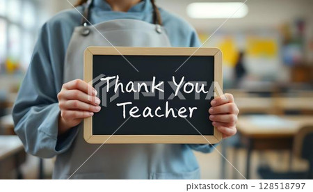 A chalkboard with a heartfelt thank you message, surrounded by classroom supplies, celebrating teachers and their impact on students 128518797