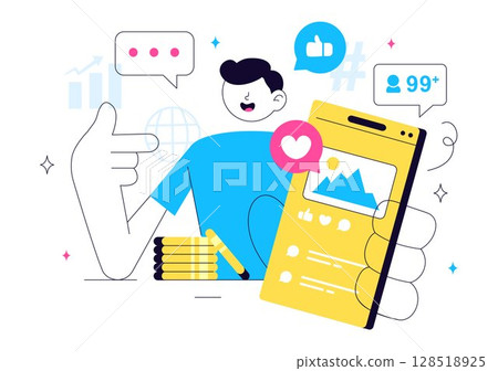 Influencer Marketing Vector Illustration Featuring Social Media Posts on the Internet for Marketing Strategies to Promote Products or Endorsements Influencer Marketing Vector Illustration Featuring Social Media Posts on the Internet for Marketing Strategies to Promote Products or Endorsements 128518925