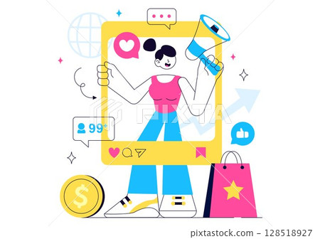 Influencer Marketing Vector Illustration Featuring Social Media Posts on the Internet for Marketing Strategies to Promote Products or Endorsements 128518927