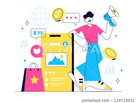 Influencer Marketing Vector Illustration Featuring Social Media Posts on the Internet for Marketing Strategies to Promote Products or Endorsements 128518932