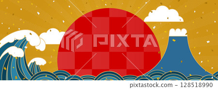 Golden background material (horizontal) with the sun rising between big waves and Mt. Fuji 128518990