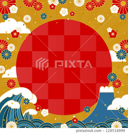 Frame and background material (square) of the sun rising between big waves and Mt. Fuji and Japanese-style flowers 128518999