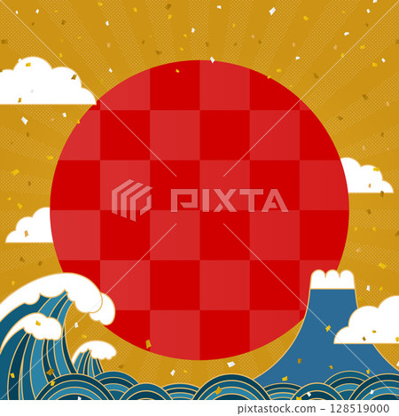 Golden background material (square) with the sun rising between big waves and Mt. Fuji Golden background material (square) with the sun rising between big waves and Mt. Fuji 128519000