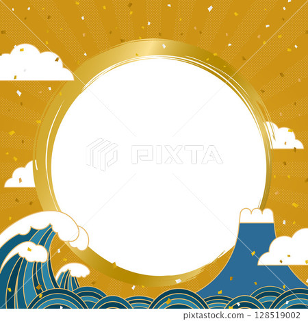 大浪和富士山的框架材料/金色背景（方形） 128519002