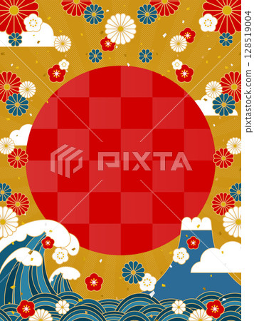 巨浪與富士山之間冉冉升起的太陽與日式花朵（肖像）的框架和背景資料 128519004