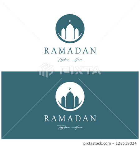 Ramadan Mubarak logo with lantern elements, crescent moon and star mosque building, Islamic calligraphy pattern, for business, architecture, Muslims, Eid, Eid cards, Islamic education 128519024