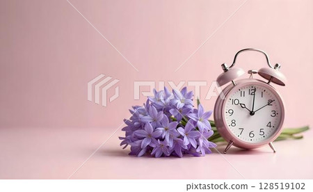 A pink alarm clock paired with purple flowers against a pink backdrop, capturing the freshness of the spring season 128519102