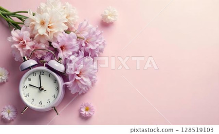 A pink alarm clock and purple flowers on a pink background, celebrating the arrival of spring with vibrant colors 128519103