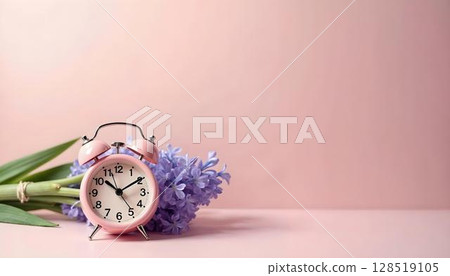 A pink alarm clock with purple flowers on a pink background, symbolizing the beauty of springtime blooms 128519105